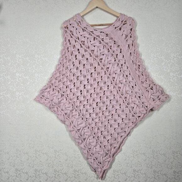 Boston Proper Wool Blend Poncho sz M/L Pink Open Knit Chunky Pastel - Picture 14 of 14